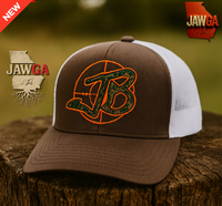 Jawga Boyz Embroidered JB Crosshair Trucker Hat – Brown & White Mesh